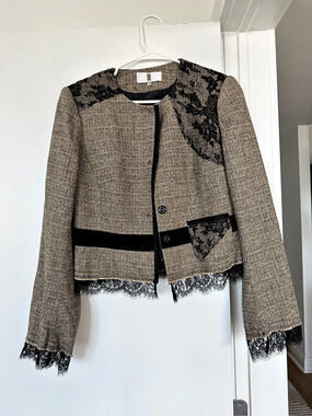 Irene Van Ryb Lace Trim Silk and Wool Blazer in Brown & Black Size 40 Like New